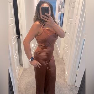 Lush Cognac Sleek Brown Satin Like Spaghetti Strap Jumpsuit- Size Small